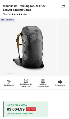 Mochila de trekking 50L MT100 easy fit simond cinza