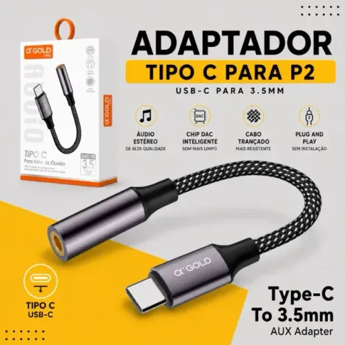 Adaptador DAC Cabo Tipo C (Usb-C) para P2 de Fone de Ouvido