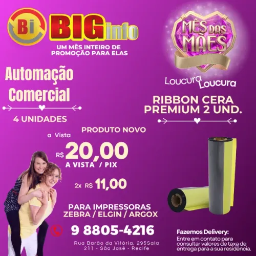 Kit 2 Ribbon Cera 110x74 Impressora Térmica