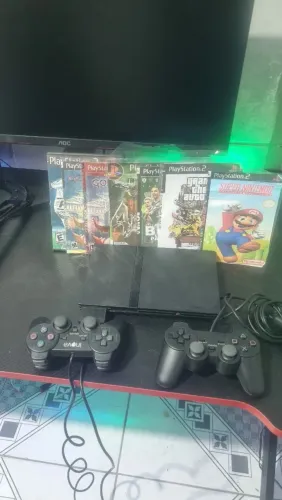 PS2 slim desbloqueado com 9 jogos 2 controles e 1 memory card 