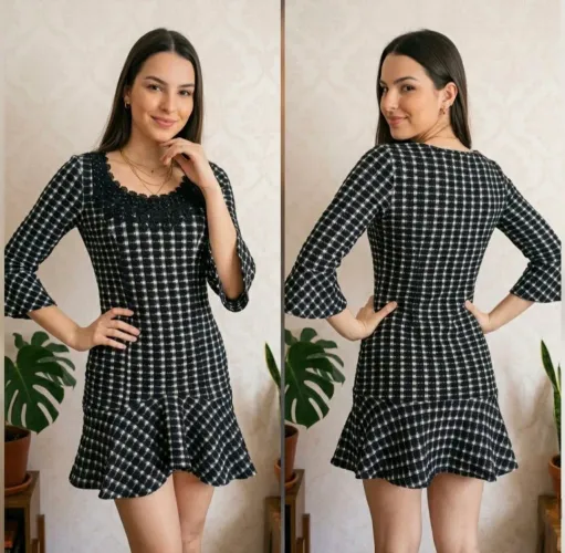 vestido xadrez vichy com renda e babados