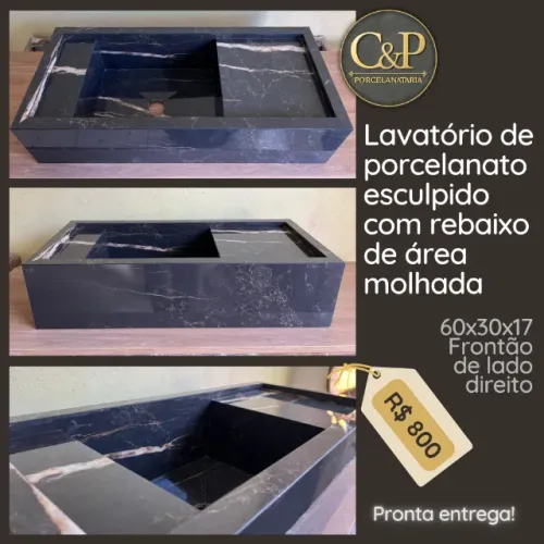 Lavatório de porcelanato esculpido com rebaixo de área molhada