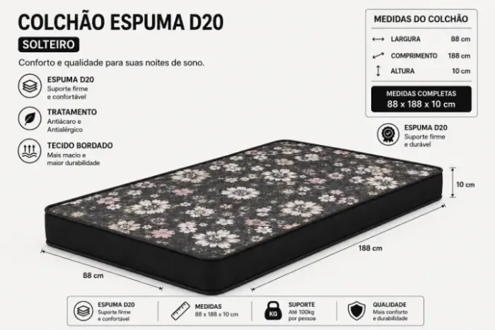 Colchão Espuma D20 88x188 Altura 10cm