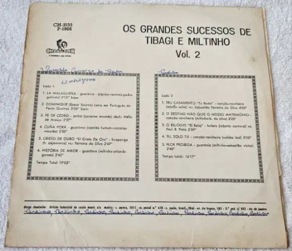 LP Vinil Tibagi e Miltinho - Os Grandes Sucessos Vol. 2 Original