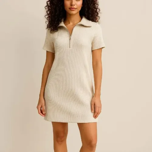 Vestido Polo Feminino Off White - Original Zara - Tecido Canelado, Zíper Frontal