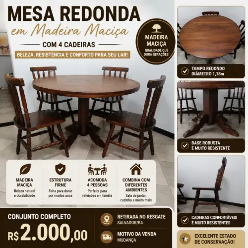 Mesa Redonda em Madeira Maciça com 4 Cadeiras - Excelente Estado
