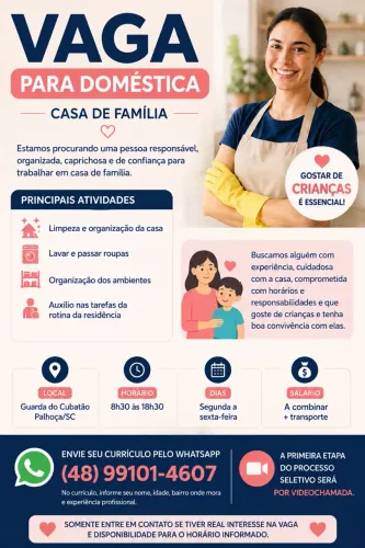 VAGA PARA DOMÉSTICA - CASA DE FAMÍLIA