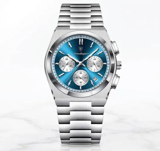 Relogio de Luxo Poedagar Inox 970 Blue Silver White Clássico Azul Com Cronografos Aço inox