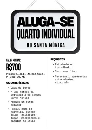 Quarto a apenas 280m da portaria 2 UFU Santa Mônica