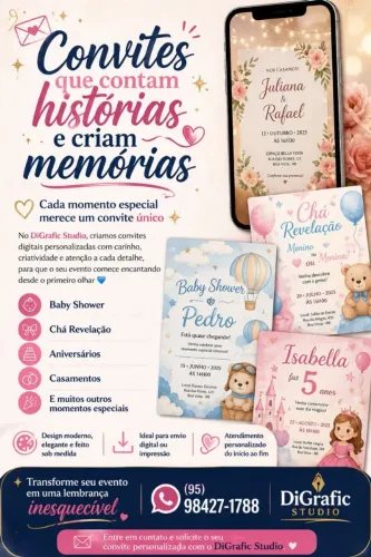 Convites para eventos, festa, chá de bebê, bodas, chá de revelação, aniversários, etc.