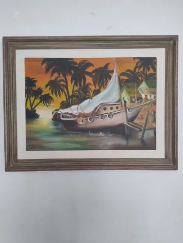 Quadro retrô navio no cais