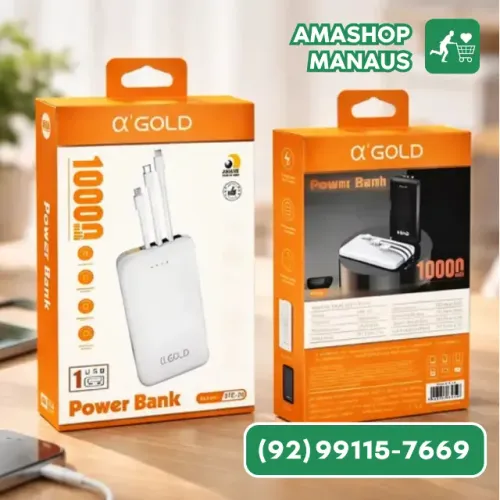 Carregador Portatil Power Bank A Gold 10000mAh Cabo Embutido