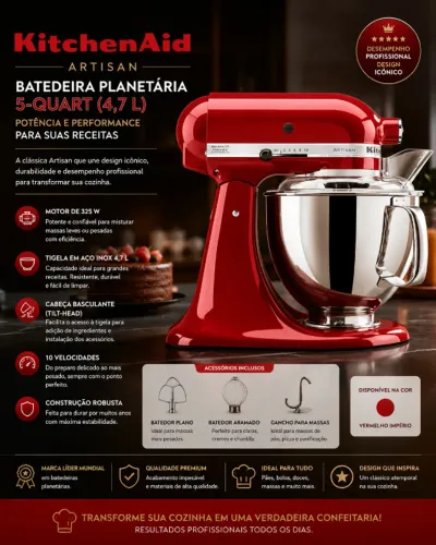 ? KitchenAid Artisan 4,7L - Vermelha | Batedeira Planetária Premium