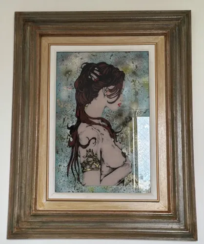 Quadro assinado de 1991, pintura sobre vidro, moldura tripla 40x60 cm