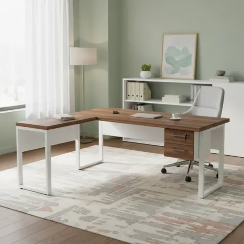 Mesa em L Pé Quadro 1,70m com Mesa Auxiliar Gavetas Nogal Branco Escritório 34332