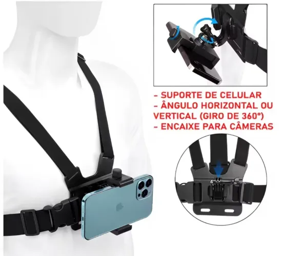 Suporte de peito para celular e câmera Gopro