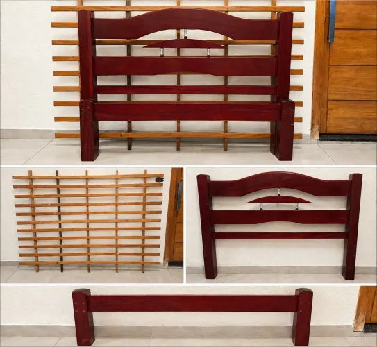 Cama de casal seminova de madeira maciça, cor mogno