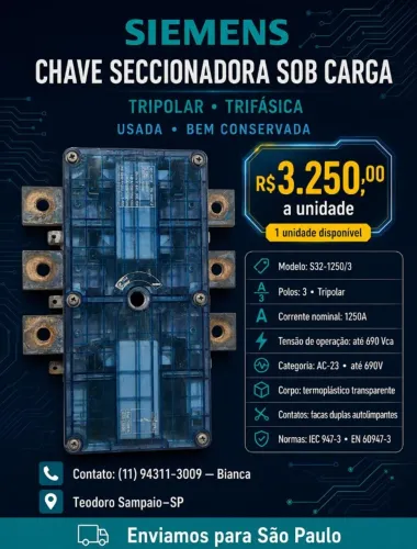 Chave Seccionadora Tripolar / Trifásico sob carga Siemens (modelo S32-1250/3)