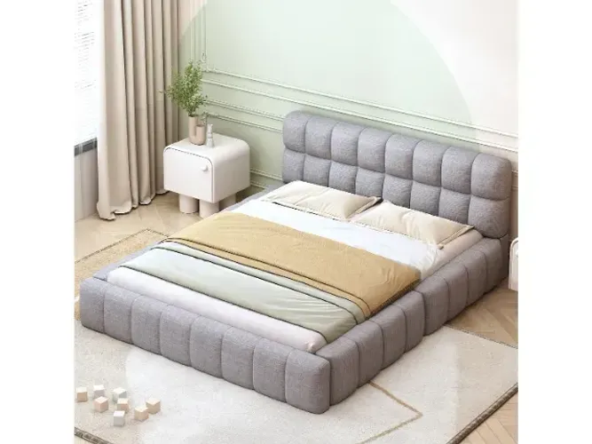 Cama Estofada Queen Com Cabeceira Aurora - Linho Texturizado Cinza