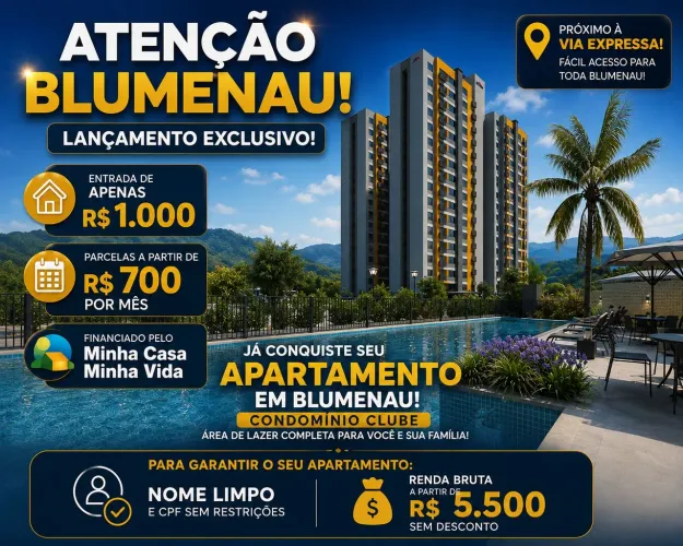 Apartamento 2 quartos 100% financiado em Blumenau