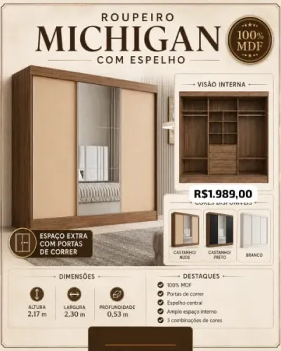 GUARDA ROUPA CASAL ROUPEIRO MICHIGAN COM ESPELHO