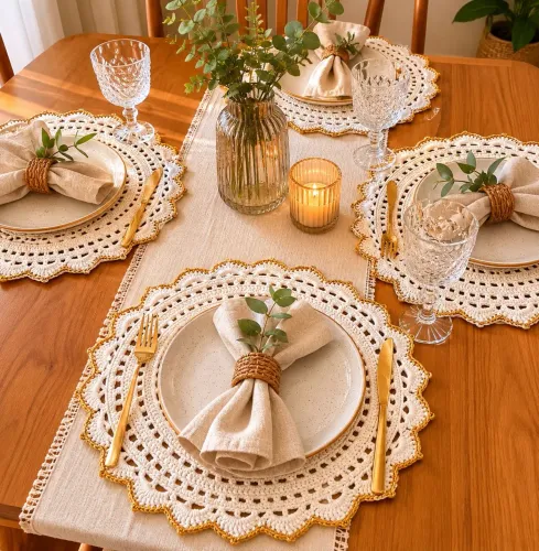 Suplat em crochê off white com dourado 