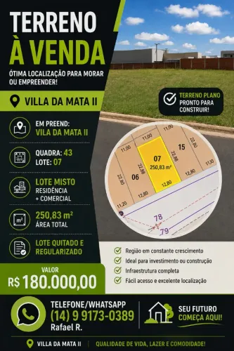 Terreno Plano 250,83m² | Lote Misto | Quitado | Villa da Mata II - Lençóis Paulista<br>