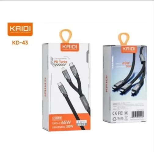 Cabo Kaidi 2 em 1 USB-C 65W + Lightning 30W 1,2m Carregamento Rápido