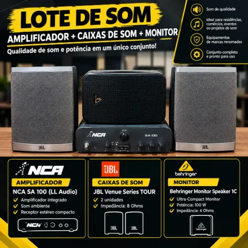 LOTE DE SOM - AMPLIFICADOR + CAIXAS DE SOM
