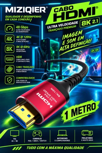 Cabo HDMI MIZIQIER 01M Vermelho 8K 2.1 Ultra Velocidade 48 Gbps 4K @ 120Hz & 8K @ 60Hz