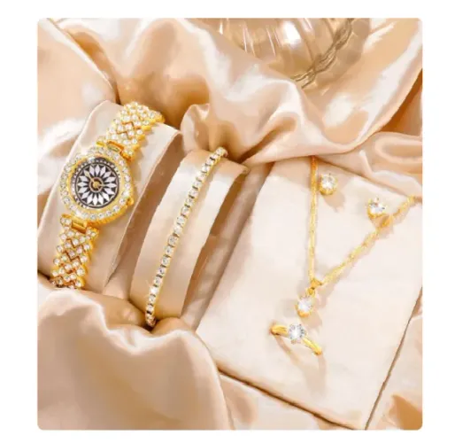 Relógio Luxo Mulheres 6 Peças Anel Colar Brincos  Moda Relógio de pulso Feminino Casual