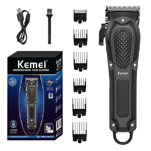 Máquina De Cortar Cabelo Sem Fio Profissional Kemei Black/6 pentes/lâmina carbono/3hrs bat
