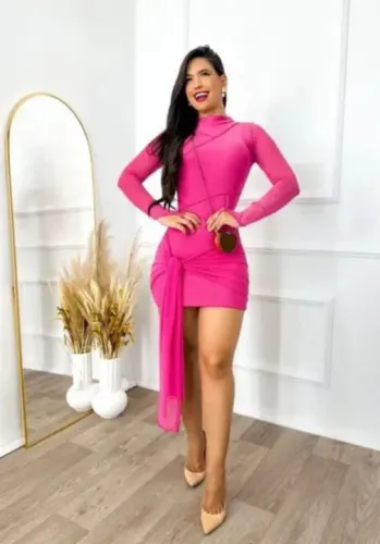 Vestido Rosa Pink - Decote Alto - Manga Longa
