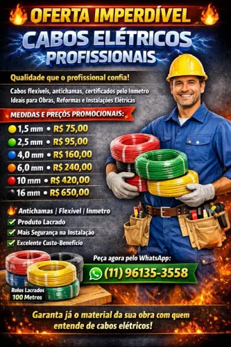 Cabos Elétricos flexível antichamas certificado pelo Inmetro rolos 100mts 