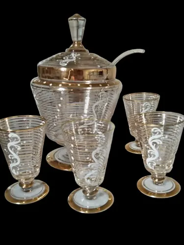 Poncheira+ 4 tacinhas em cristal, filetados a ouro