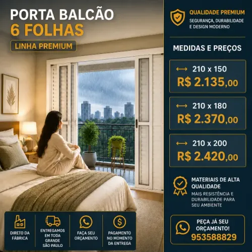 Porta Balcão 6 Folhas 210x150 Alumínio Premium Direto da Fábrica