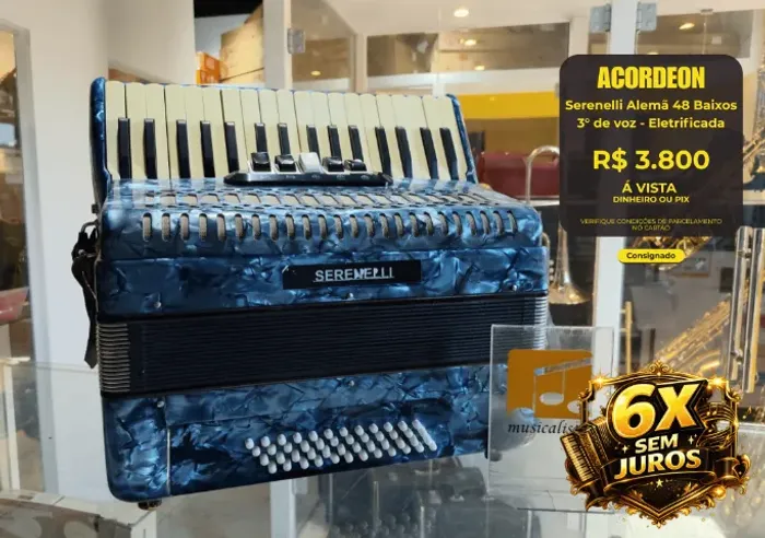 Acordeon 48 baixos Serenelli Alemã 3° de voz - Eletrificada