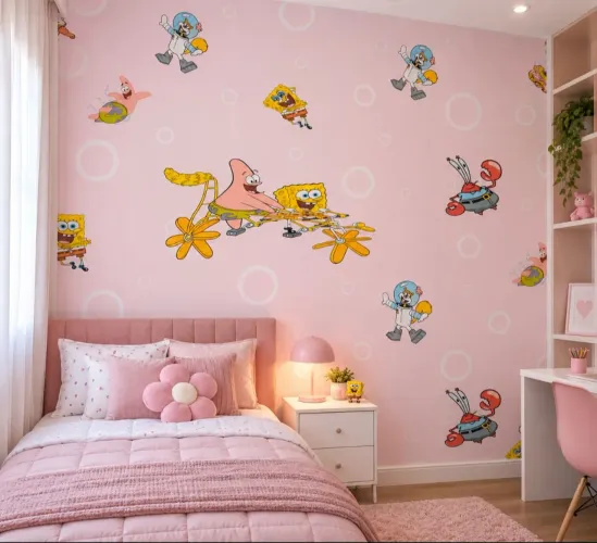 Papel de parede importado Bob esponja rosa baby 