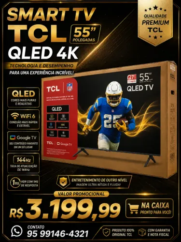 Smart TV TCL 55 PL QLED 4K 144HZ Nova na Caixa.