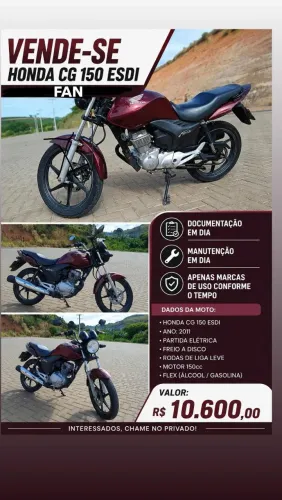 Vende-se Honda CG Fan 150 ESDI 2011 cor vinho. 