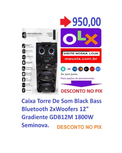 Caixa Torre De Som Black Bass Bluetooth 2xWoofers 12" Gradiente GDB12M 1800W Seminova.