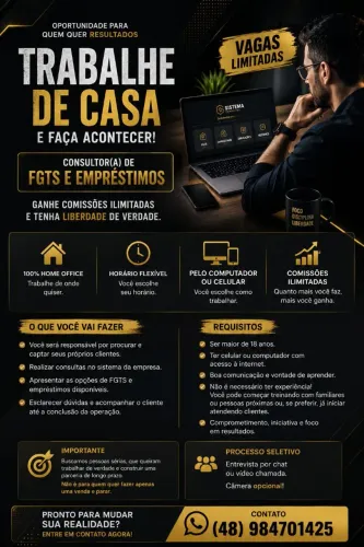 Vaga Home Office | Consultor(a) de FGTS e Empréstimos | Ganhos por Comissão