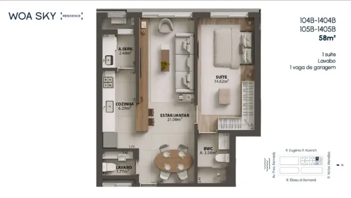 WOA SKY Residence 58m² | 1 Suíte | 8º Andar | Vaga | Alto Padrão São José