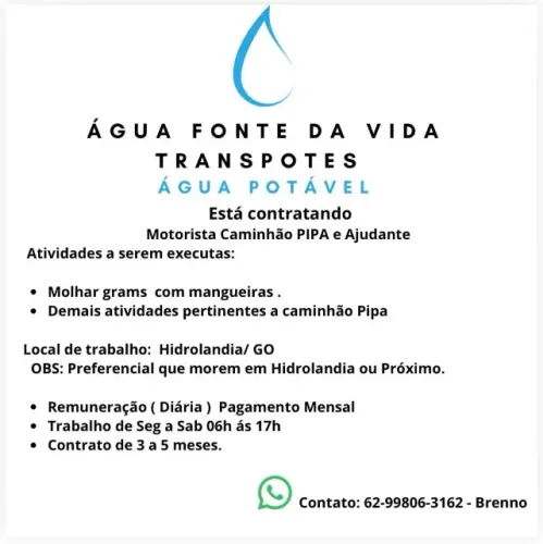 Motorista Caminhão Pipa Cat D e Ajudante - Trabalho em Hidrolândia - GO