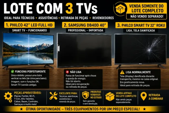Lote com 3 TVs LED/Smart - Samsung + 2 Philco - Ideal para Técnicos ou Revenda