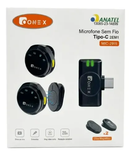 Lapela microfone duplo sem fio tipo C redondo  2 em 1 onex  3 a 4h de uso 