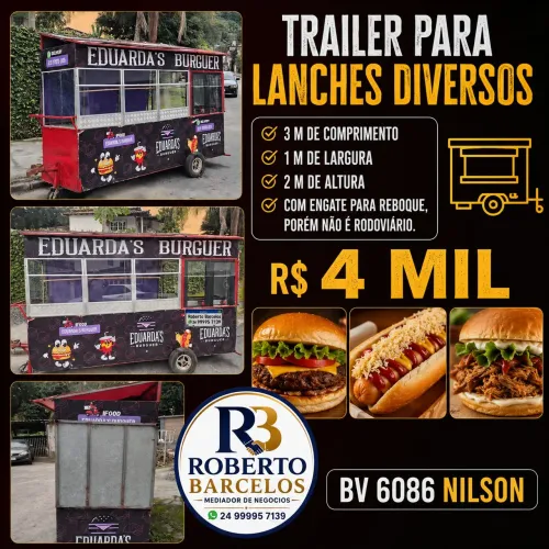 Trailer para lanche 3 m de comprimento 2 de largura