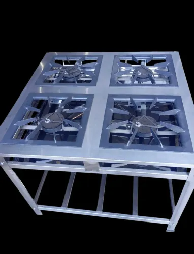 FOGÃO INDÚSTRIAL EM AÇO INOX, COM 5 BOCAS DE ALTA (40X40), MEDINDO 1,00x1,00x0,90