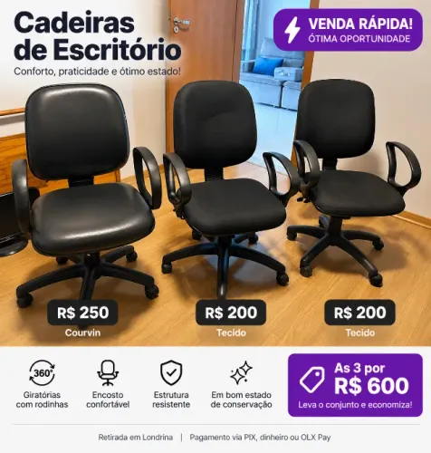 Cadeiras de Escritório com Rodinhas - 3 por R$ 600