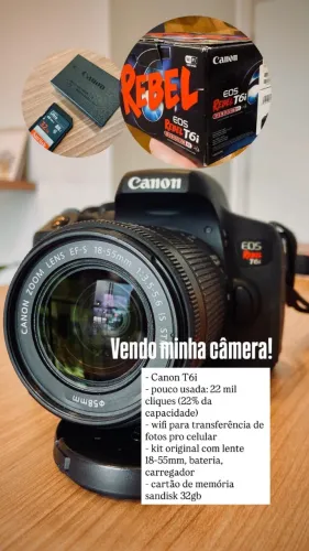 Câmera Canon EOS Rebel T6i - Kit Completo - R$ 2.500